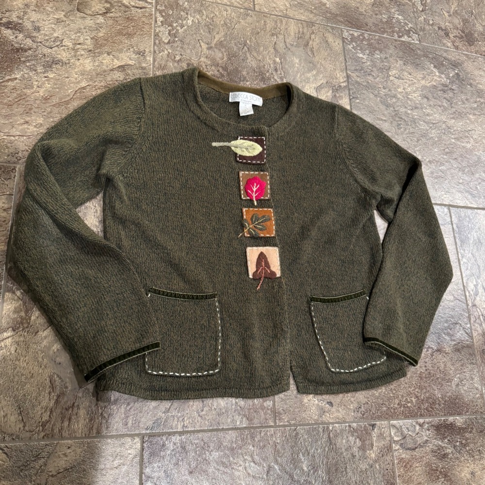 Rebecca‎ Stone Womens M Green Leaf Patchwork Knit Cardigan Sweater